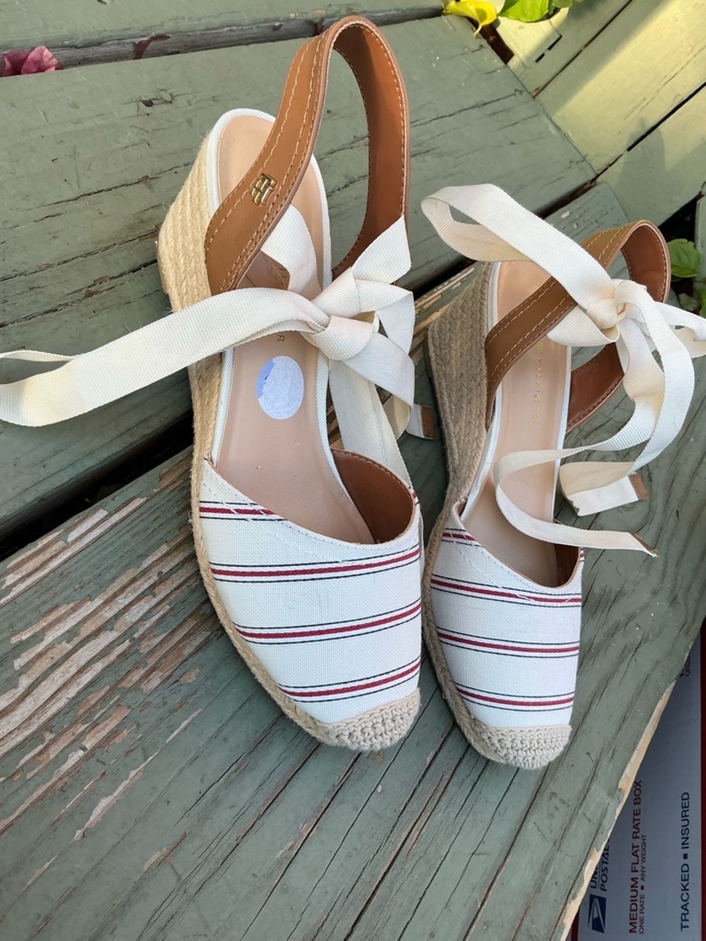 Tommy Hilfiger White Canvas Espadrille Wedges with Red Stripes